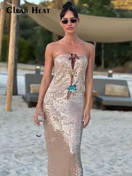 נשים נצנצים 3D פרח לחתוך את השמלה מוצק ללא שרוולים את כתף שמלת סטרפלס מקסי החלוק בנות מסיבת החוף אופנה שמלות קיץ.