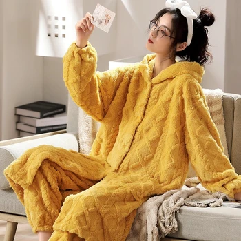 נשים פיג ' מות סט פלנל חלוק רחצה עבה בחורף בנות הלבשת לילה טרי מכוסים צמר חמים 2 מחשבים עם מכנסיים Pijama על נקבה