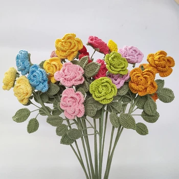סיימתי יד סרוג רוז פרח בעבודת יד לסרוג פרח מלאכותי, מזויף פרחים ליום האהבה מתנות החתונה קישוט