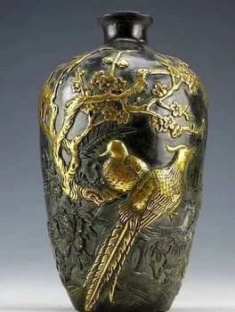 סיני וינטג 'אוסף פסלי ברונזה-זהב ציפוי פרח ציפור אגרטל 20 ס