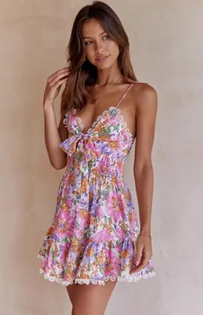 ספגטי רצועת קשת להחליק השמלה 2023 קיץ נשים בגדי תחרה סלסולים שמלת מיני גבוהה המותניים חג שמלת החוף Vestido