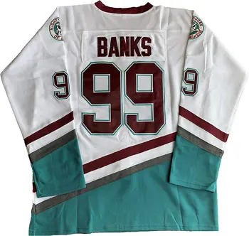 ספורט משחקי הליגה 96# קונווי Mens אדם בנקים 99# מייטי דאקס הסרט הוקי קרח חולצות תפר לבן S-3XL