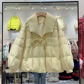 עיצוב מיוחד בחורף למטה נשים מעיל קצר 2023 קוריאנית גדולה צווארון מוצק רופף מעיל המשאף עבה חם Windproof להאריך ימים יותר