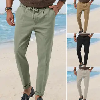 עסק של גברים מזדמנים מכנסיים המותניים מתכווננת צבע אחיד עם כיסים נוח ומסוגנן מכנסיים