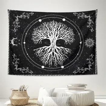 עץ החיים שטיח שחור לבן שטיח השמש והירח מרבדים רוחניים שטיחי קיר עץ שטיח קיר עבור חדר השינה חדר אסתטי