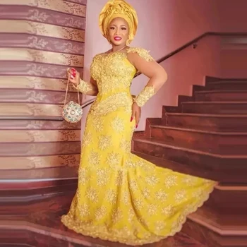 ערבית אסו עבי-צהוב שמלות ערב תחרה אפליקציה משלוח חינם ארוך שרוולים בתולת ים לנשים רשמית לארוע שמלות לנשף הניגרי החתונה חלק