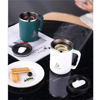 פלדה אל חלד כוס קפה בספל עם מכסה מבודד ספל קפה חומה כפולה קפה כוס עם ידית עמיד בחום Drinkware