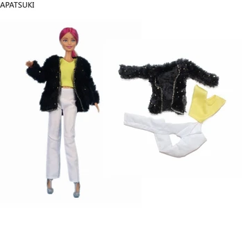 פרווה שחורה מעיל סט בגדים עבור ברבי הבובה תלבושות אופנה מעיל האפוד העליונים המכנסיים עבור ברבי 1/6 בובות אביזרים לילדים צעצועים