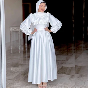 פשוט מוסלמי לבן שמלות חתונה עבור חיג ' אב הכלה גבוהה צוואר ארוך שרוולים באורך קרסול שורה גן שמלות כלה