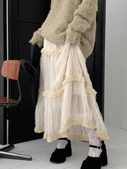 קוריאני תחרה החצאית הארוכה נשים חמוד גבוהה המותניים חופשי Fairycore ציצית טלאים קו-Midi חצאית מורי ילדה הסתיו
