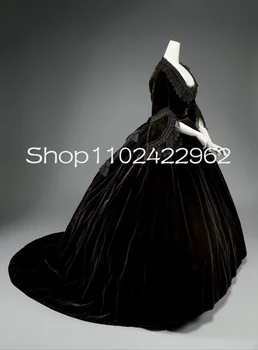 קטיפה שחורה היסטורי הליכה שמלת נשף שמלות לנשף Fiary ארוך שרוול תחרה אפליקציה הכיכר טיודור תחפושת שמלת ערב