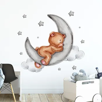 קריקטורה דוב ירח מדבקות קיר לילדים חדר שינה חדר ילדים-PVC, ניתן להסרה מדבקות קיר עבור גן ילדים טפטים לעיצוב הבית